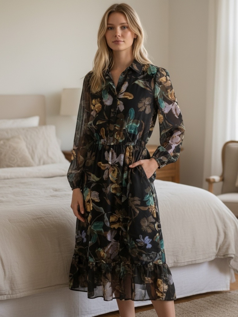 Black Floral Midi Shirt Dress with Elastic Waist and Puff Sleeves